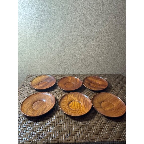 Danish Wooden Saucers Natural Grain Finish  Set Of 6 - Picture 1 of 7